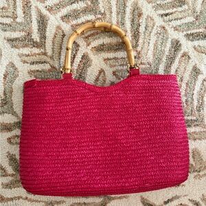 Vintage St John’s Bay Pink Woven Straw Handbag with Bamboo Handles